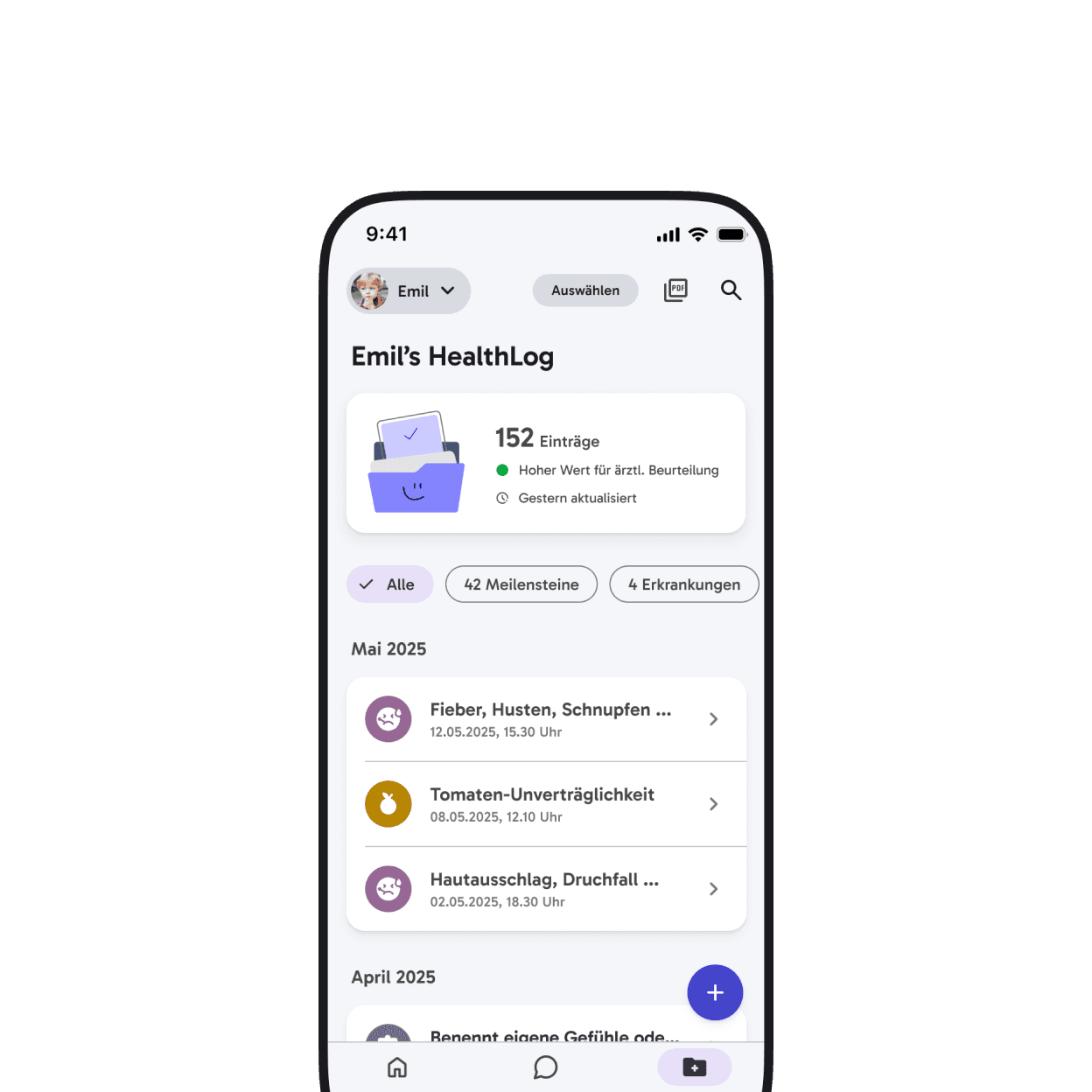 HealthLog App-Ansicht